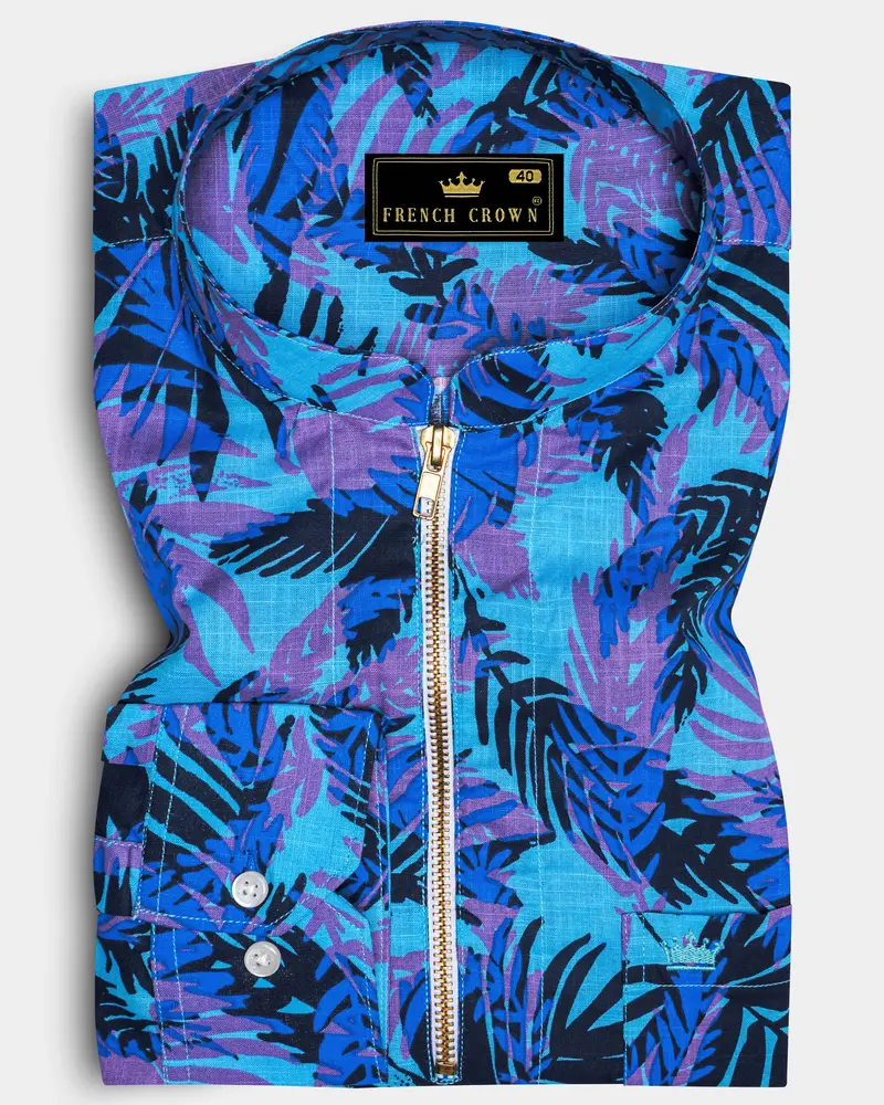 Mariner Blue With Malbu Sky Blue Leaves Printed Chambray Shirt With Zipper Closure 1