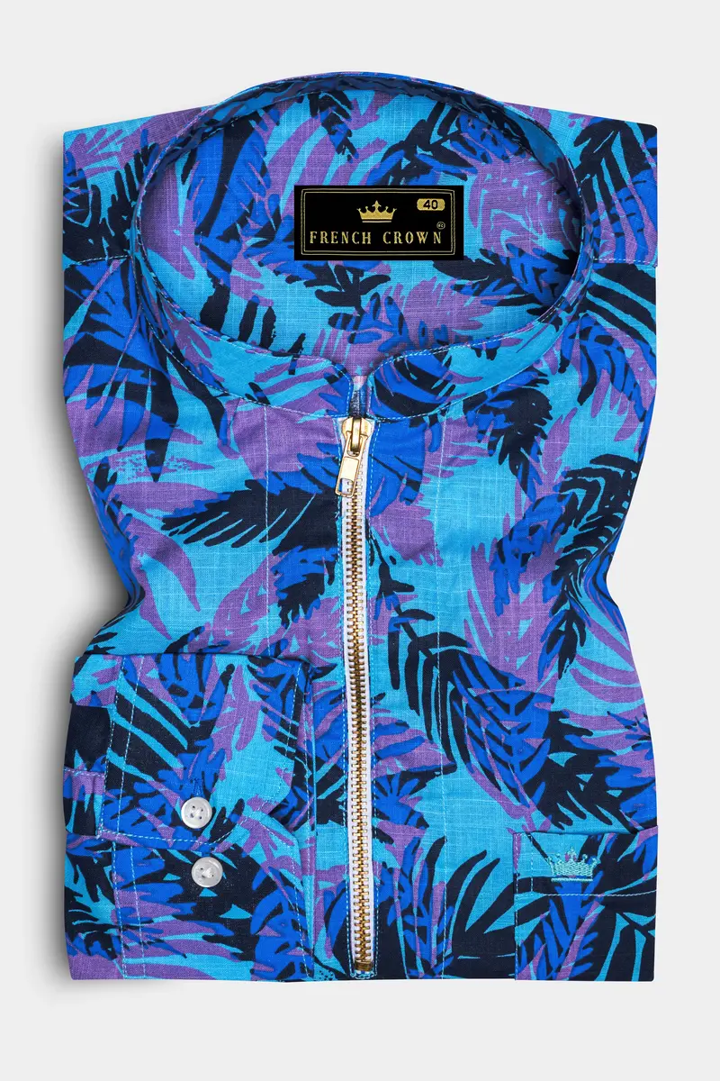 Mariner Blue With Malbu Sky Blue Leaves Printed Chambray Shirt With Zipper Closure 2