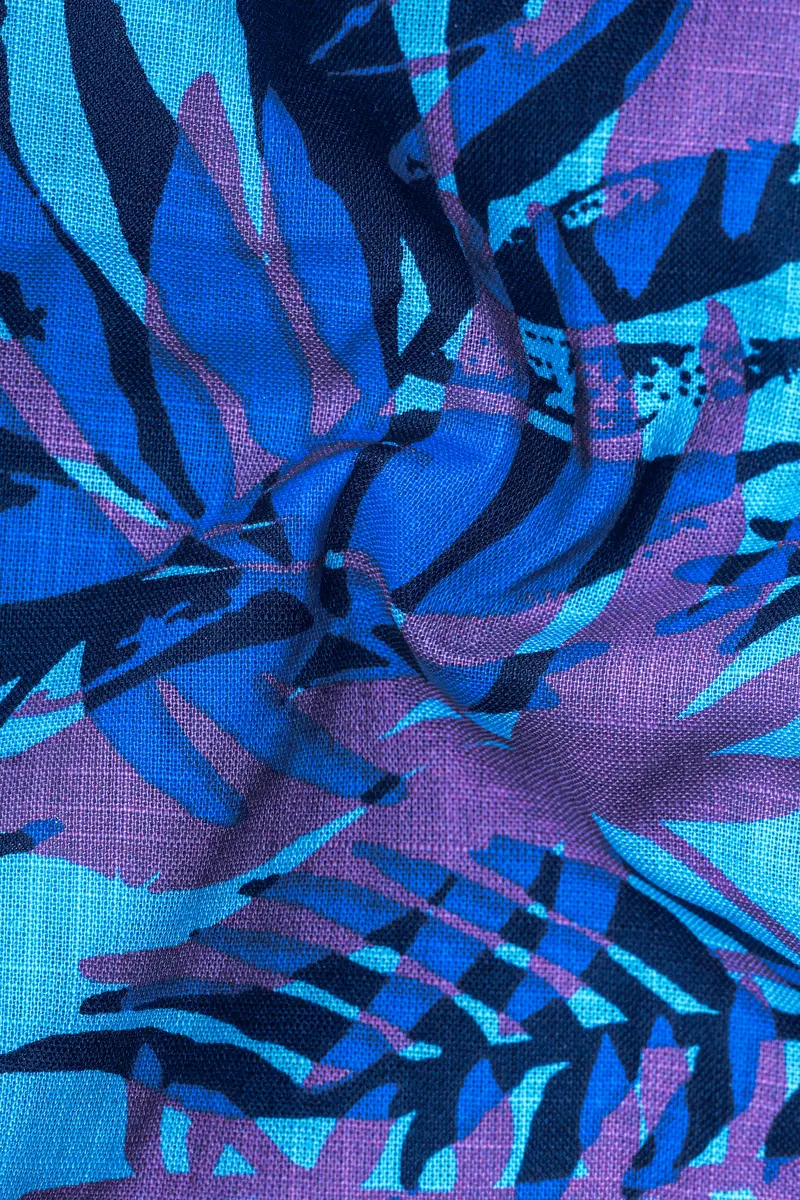 Mariner Blue With Malbu Sky Blue Leaves Printed Chambray Shirt With Zipper Closure 3