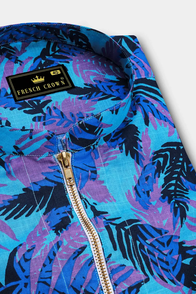 Mariner Blue With Malbu Sky Blue Leaves Printed Chambray Shirt With Zipper Closure 4