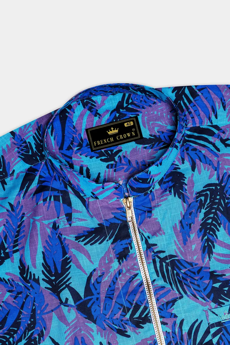 Mariner Blue With Malbu Sky Blue Leaves Printed Chambray Shirt With Zipper Closure 5