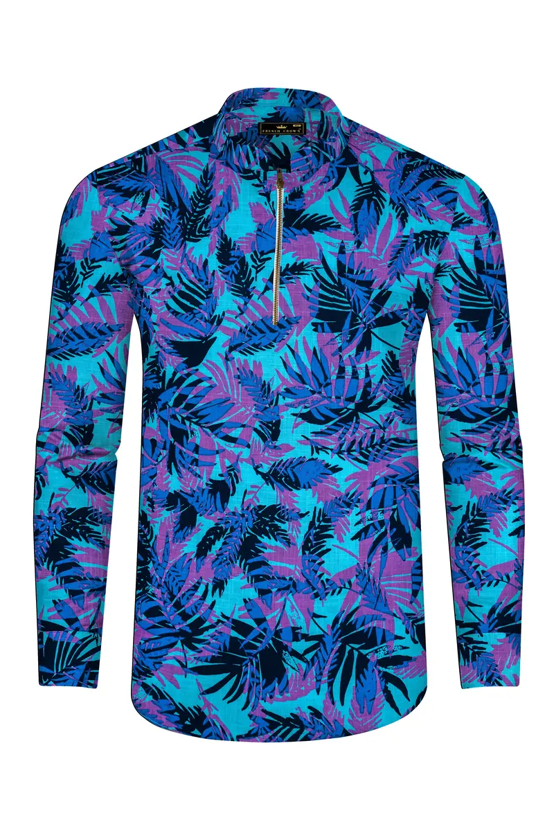 Mariner Blue With Malbu Sky Blue Leaves Printed Chambray Shirt With Zipper Closure 6