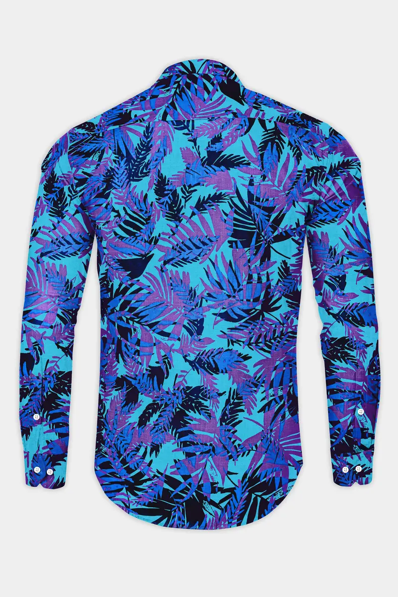 Mariner Blue With Malbu Sky Blue Leaves Printed Chambray Shirt With Zipper Closure 7
