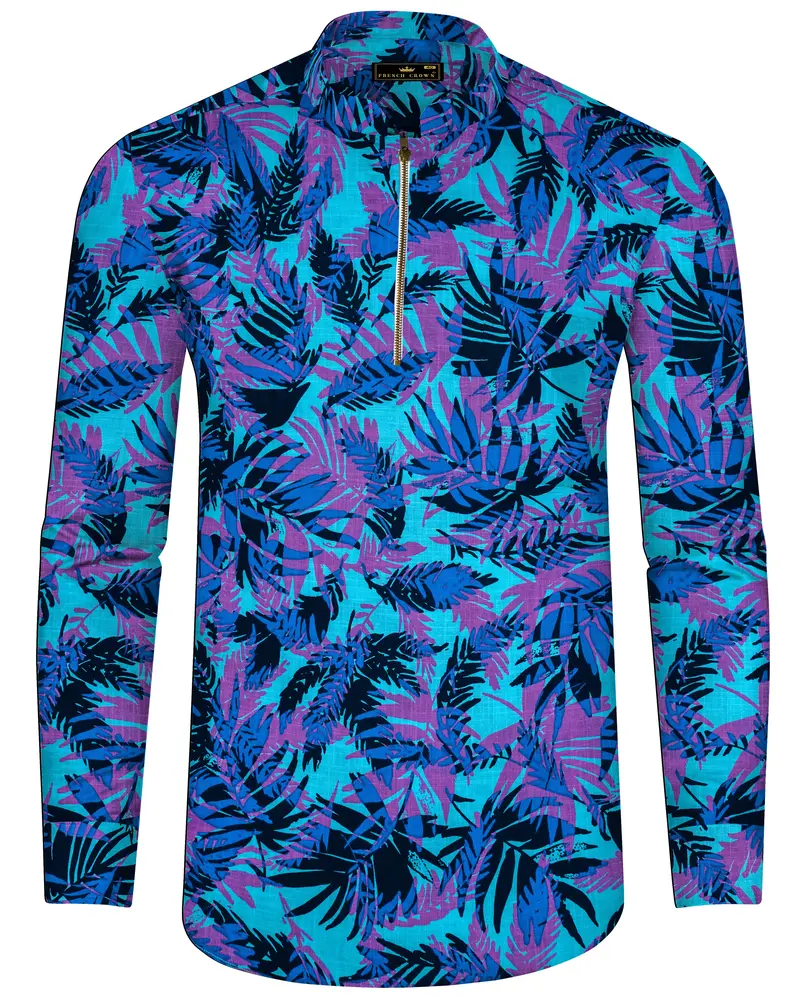 Mariner Blue With Malbu Sky Blue Leaves Printed Chambray Shirt With Zipper Closure 8