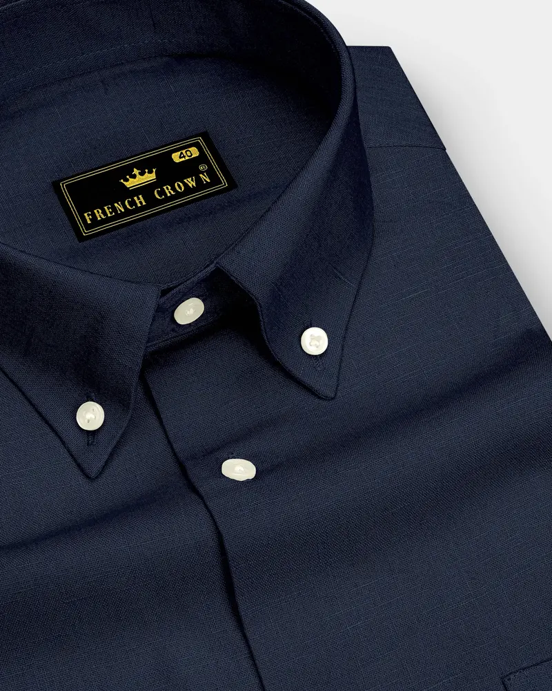 Mariner-Bunker Blue Luxurious Linen Button Down Dress Shirt 1