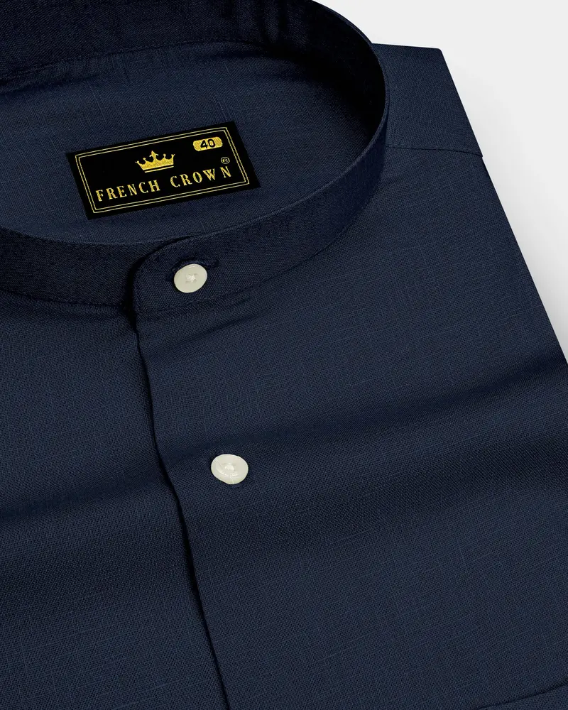 Mariner-Bunker Blue Luxurious Linen Mandarin Dress Shirt 1