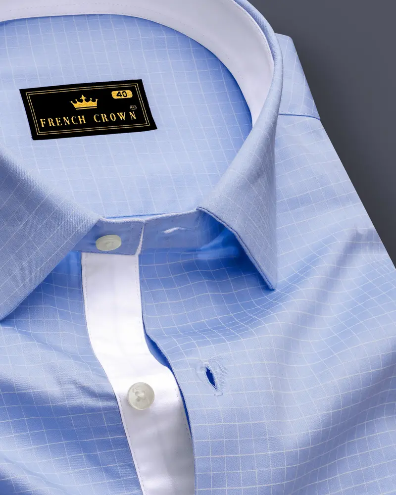 Mariner-Perano Blue And Bright White Plaid Subtle Sheen Soft Premium Cotton Dress Shirt 1