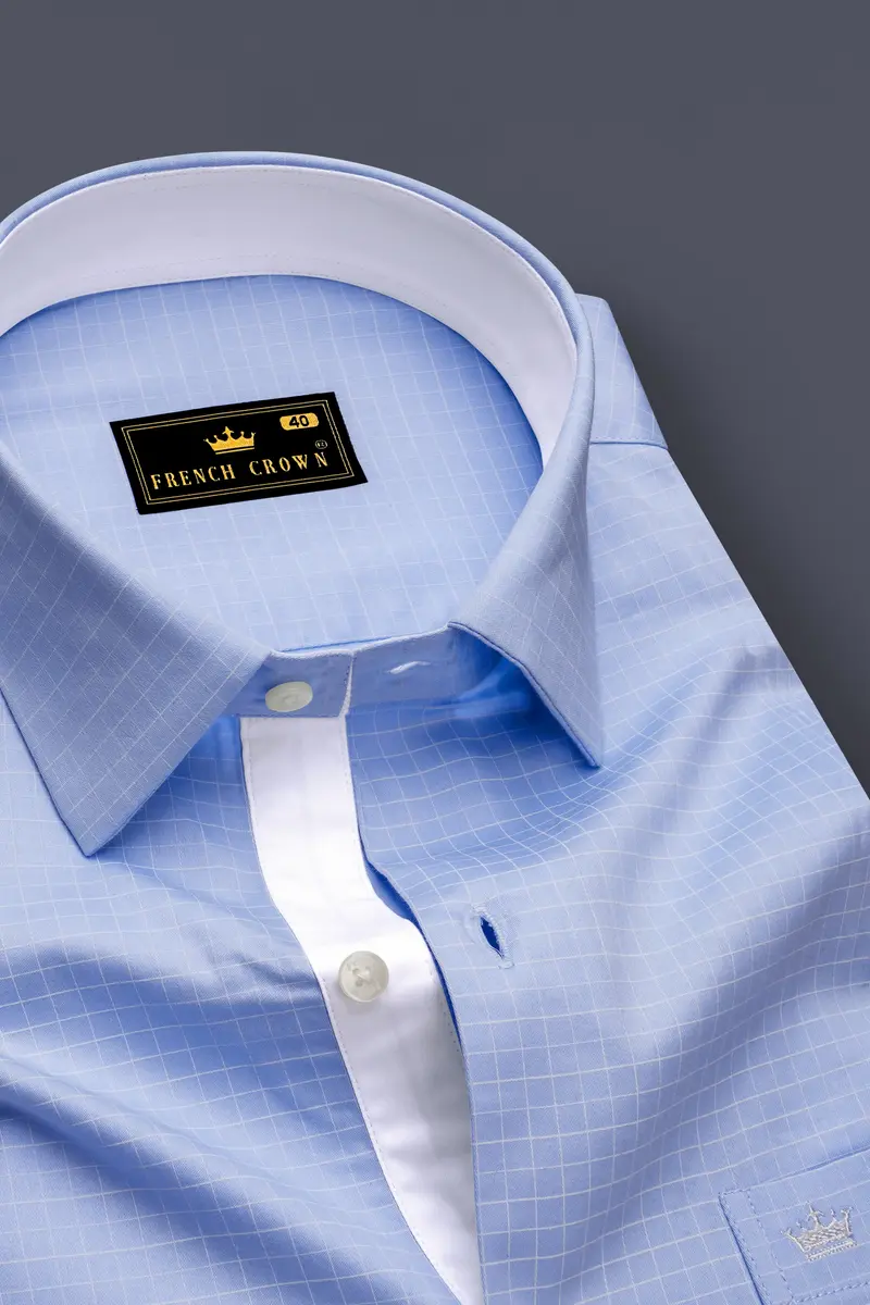 Mariner-Perano Blue And Bright White Plaid Subtle Sheen Soft Premium Cotton Dress Shirt 2