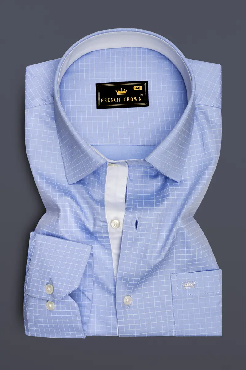 Mariner-Perano Blue And Bright White Plaid Subtle Sheen Soft Premium Cotton Dress Shirt 4