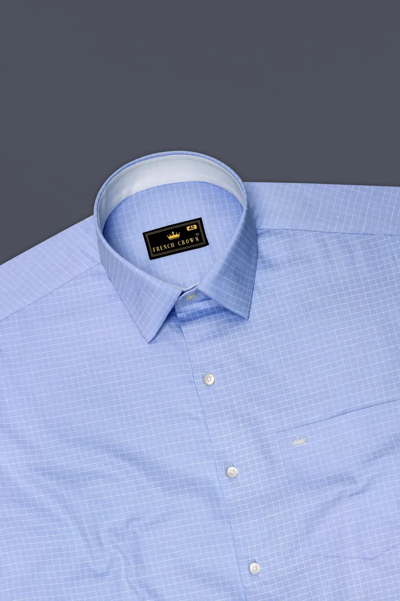 Mariner-Perano Blue And Bright White Plaid Subtle Sheen Soft Premium Cotton Dress Shirt 5