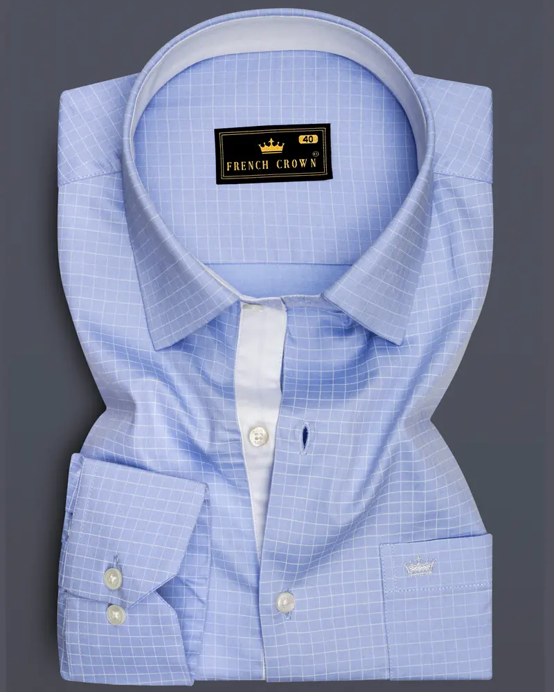 Mariner-Perano Blue And Bright White Plaid Subtle Sheen Soft Premium Cotton Dress Shirt 6