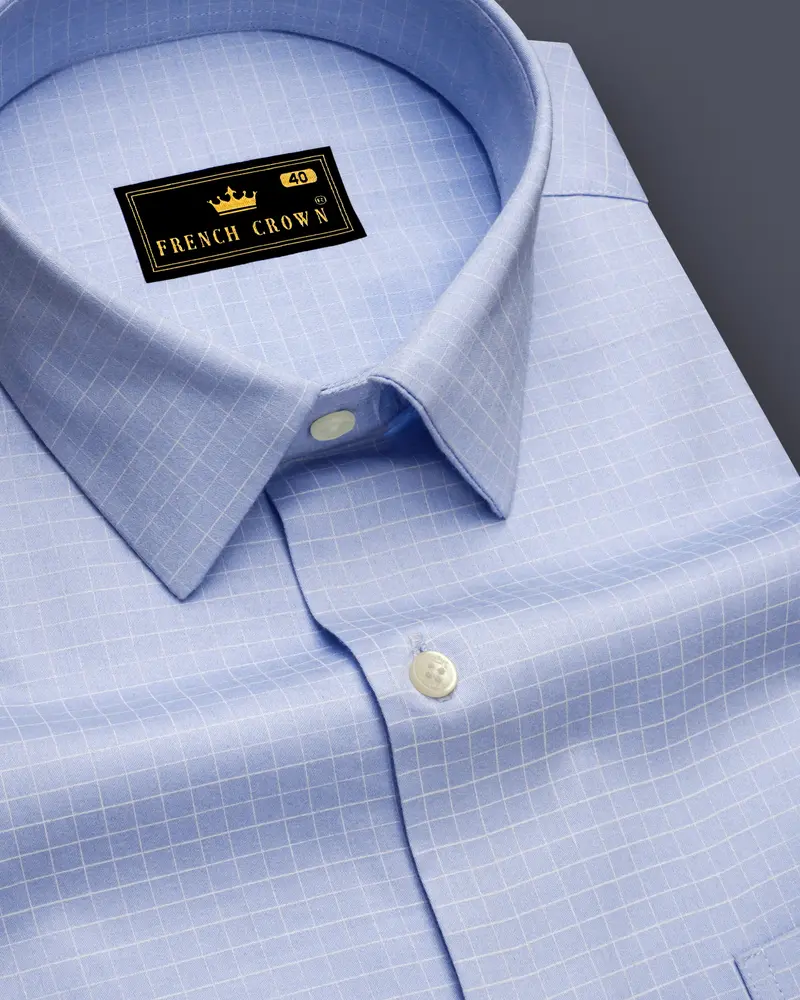 Mariner-Perano Blue And Bright White Plaid Subtle Sheen Super Soft Premium Cotton Dress Shirt 1