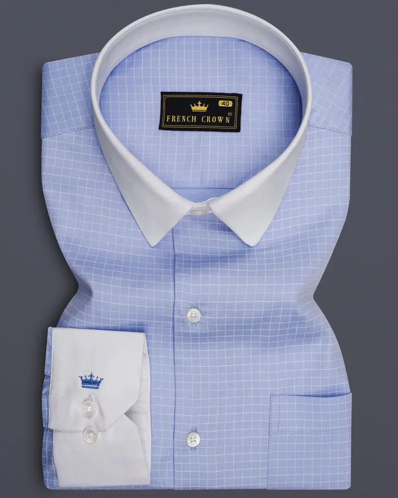 Mariner-Perano Blue And Bright White Plaid Subtle Sheen Super Soft Premium Cotton Dress White Cuff Collar Shirt 1