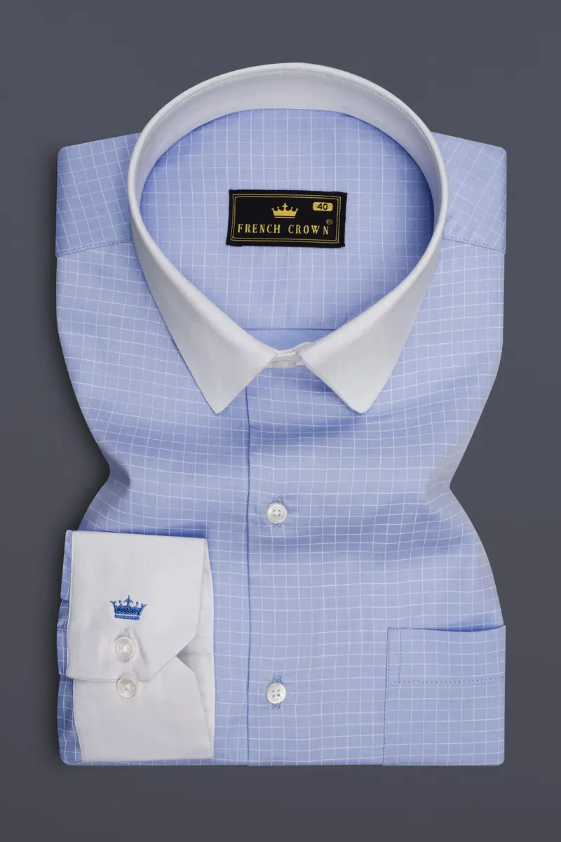 Mariner-Perano Blue And Bright White Plaid Subtle Sheen Super Soft Premium Cotton Dress White Cuff Collar Shirt 2