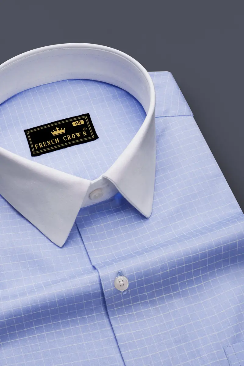 Mariner-Perano Blue And Bright White Plaid Subtle Sheen Super Soft Premium Cotton Dress White Cuff Collar Shirt 4