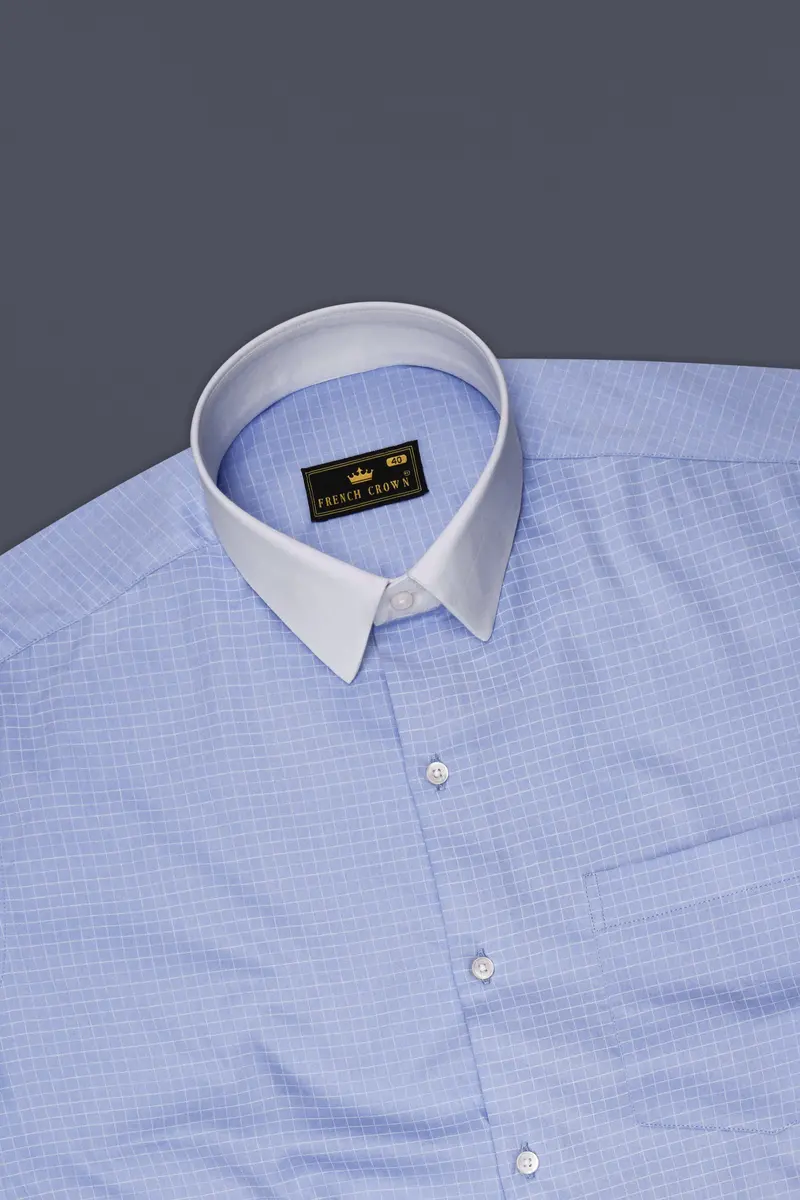 Mariner-Perano Blue And Bright White Plaid Subtle Sheen Super Soft Premium Cotton Dress White Cuff Collar Shirt 5