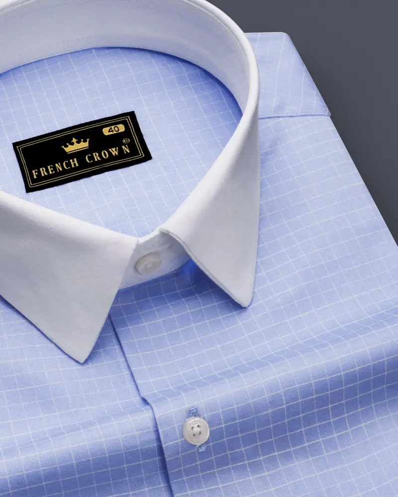 Mariner-Perano Blue And Bright White Plaid Subtle Sheen Super Soft Premium Cotton Dress White Cuff Collar Shirt 6
