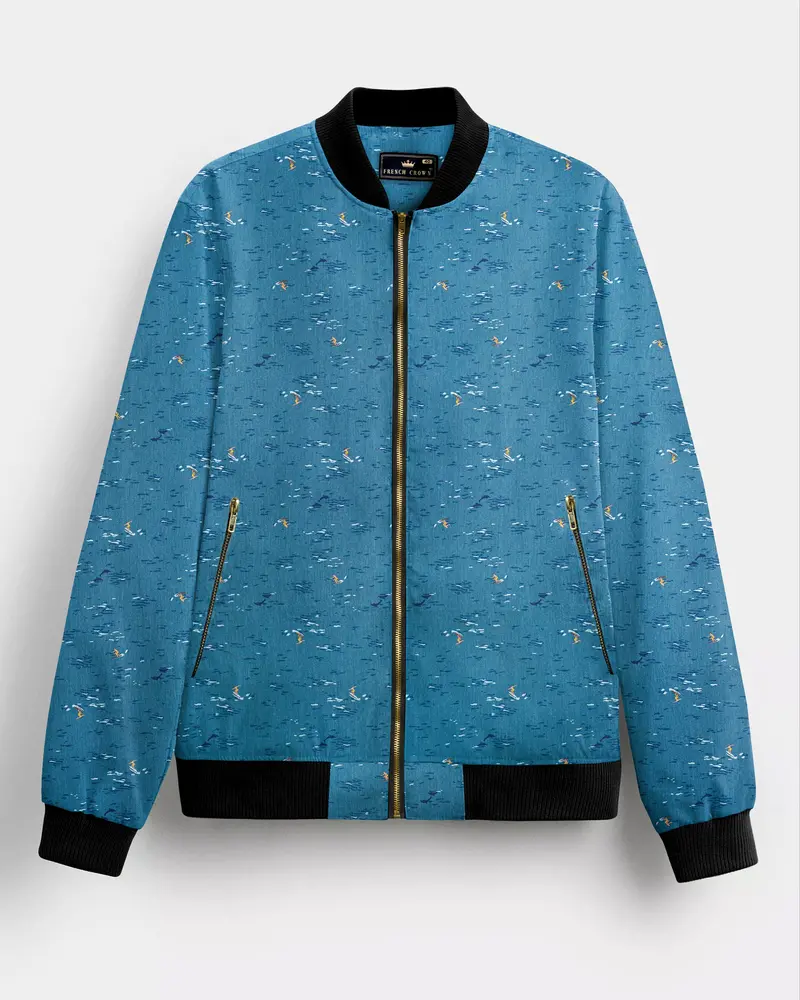 Mariner's Muse-Calypso Blue Beach Printed Premium Cotton Bomber Jacket 1