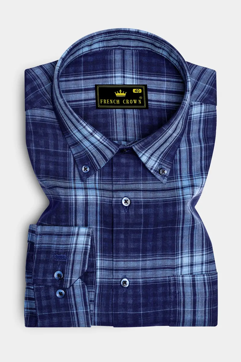 Marino-Haiti Blue Plaid Twill Premium Cotton Casual Shirt 4
