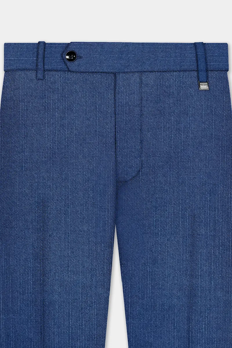 Marinoir-Cello Blue Solid Wool Rich Slight Stretch Waistband Pant 4