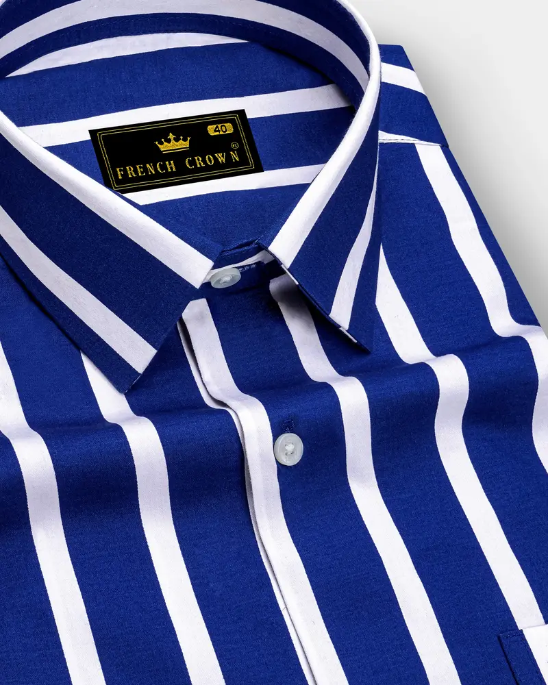 Marivon-Chambray Blue And Bright White Awning Striped  Subtle Sheen Super Soft Premium Cotton Dress Shirt 1