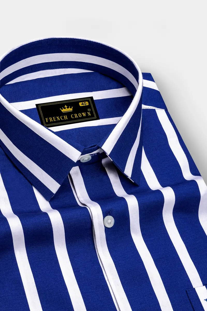 Marivon-Chambray Blue And Bright White Awning Striped Subtle Sheen Super Soft Premium Cotton Dress Shirt 2