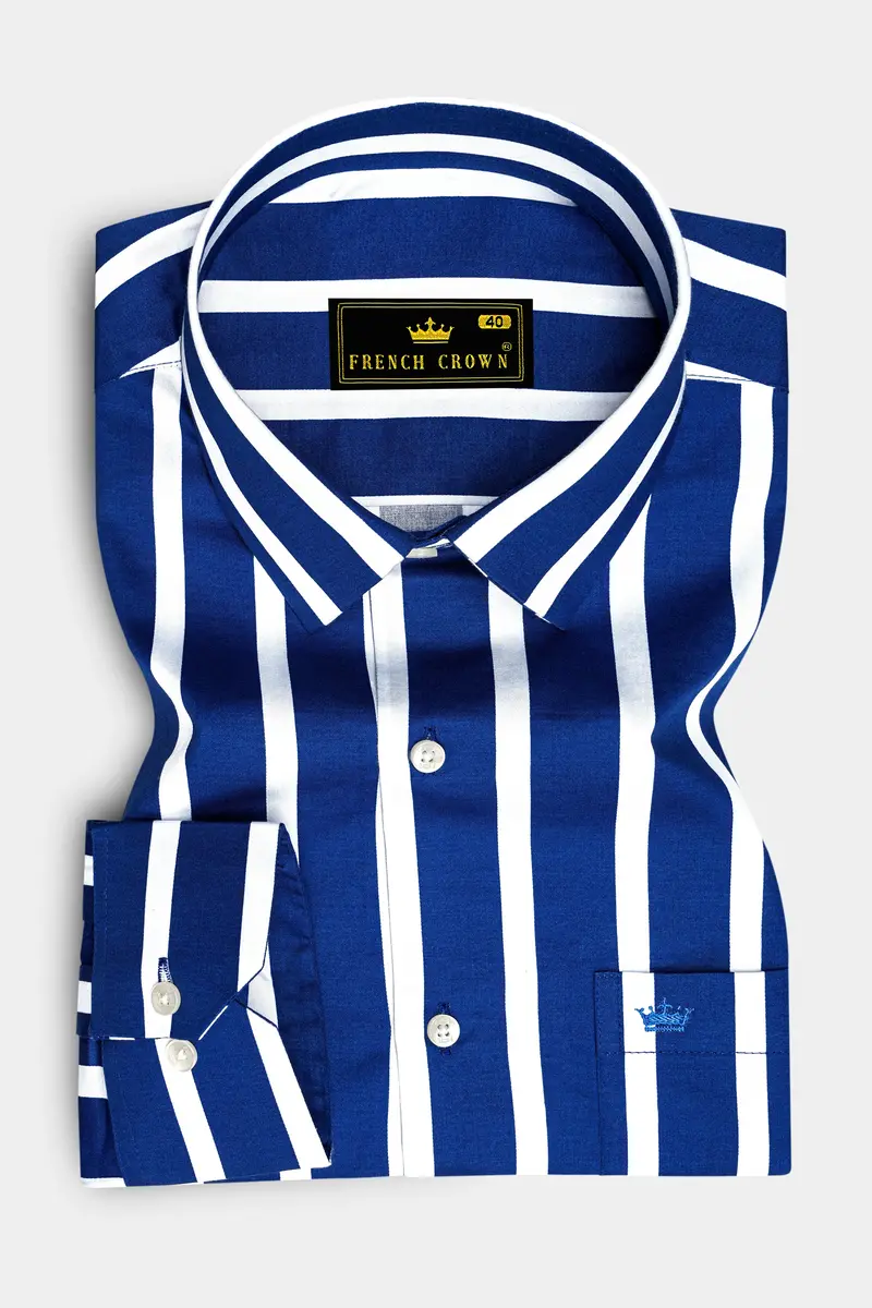 Marivon-Chambray Blue And Bright White Awning Striped Subtle Sheen Super Soft Premium Cotton Dress Shirt 4
