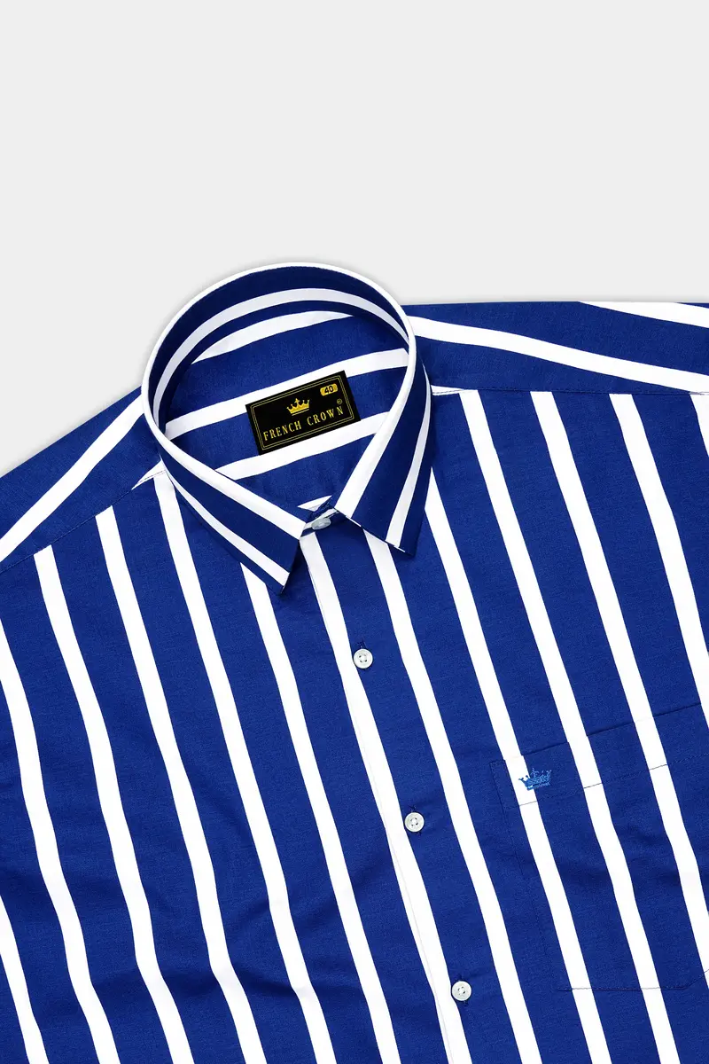 Marivon-Chambray Blue And Bright White Awning Striped Subtle Sheen Super Soft Premium Cotton Dress Shirt 5