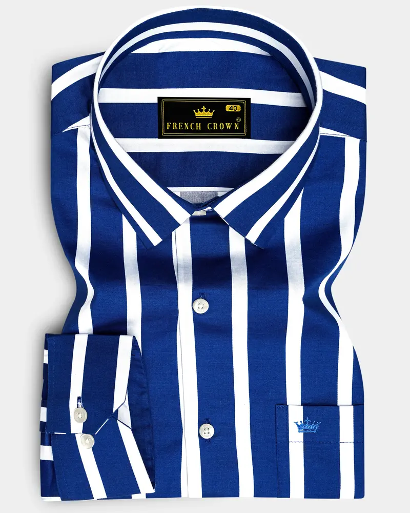 Marivon-Chambray Blue And Bright White Awning Striped Subtle Sheen Super Soft Premium Cotton Dress Shirt 6