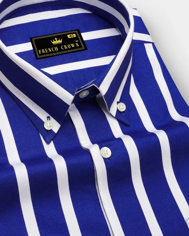 Marivon-Chambray Blue And Bright White Awning Striped Super Soft Premium Cotton Button Down Collar Dress Shirt 1