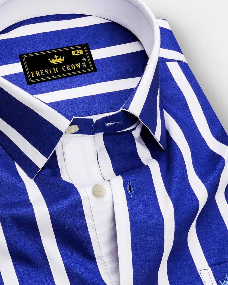 Marivon-Chambray Blue And Bright White Awning Striped Super Soft Premium Cotton Dress Shirt 1