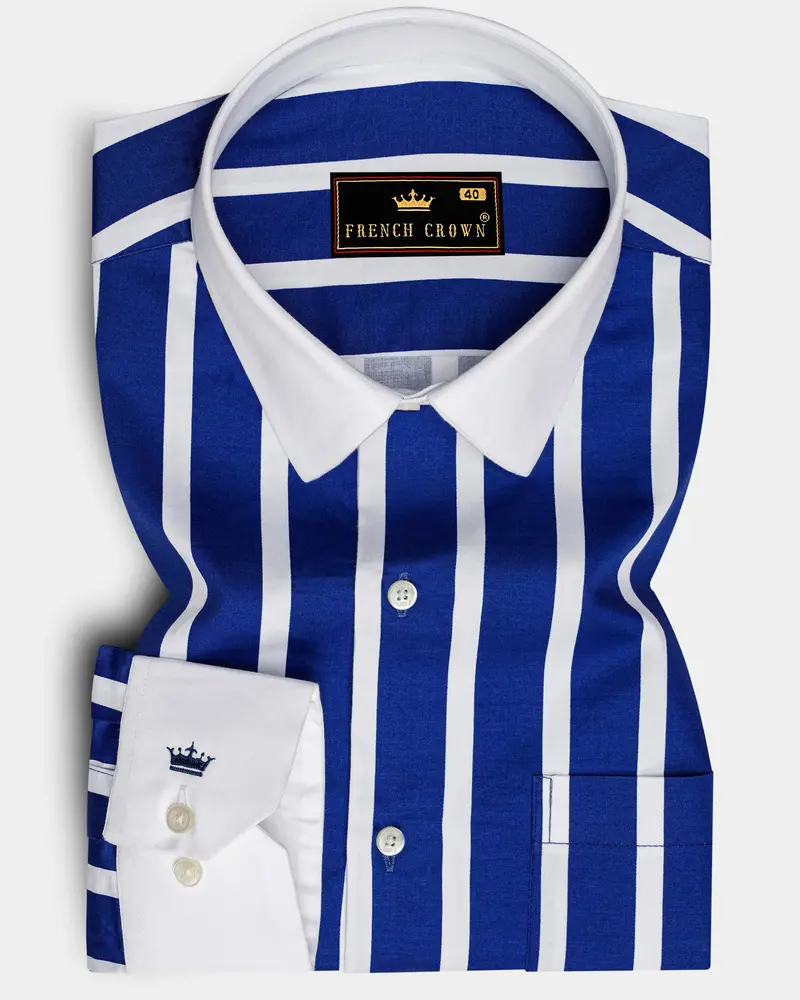 Marivon-Chambray Blue And Bright White Awning Striped Super Soft Premium Cotton Dress White Cuff Collar Shirt 1