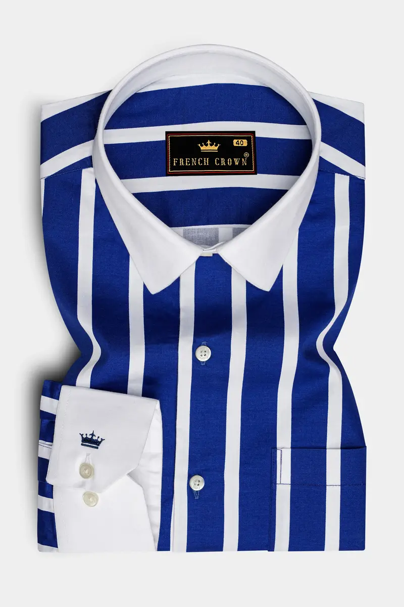 Marivon-Chambray Blue And Bright White Awning Striped Super Soft Premium Cotton Dress White Cuff Collar Shirt 2