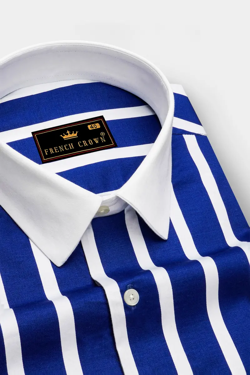 Marivon-Chambray Blue And Bright White Awning Striped Super Soft Premium Cotton Dress White Cuff Collar Shirt 4