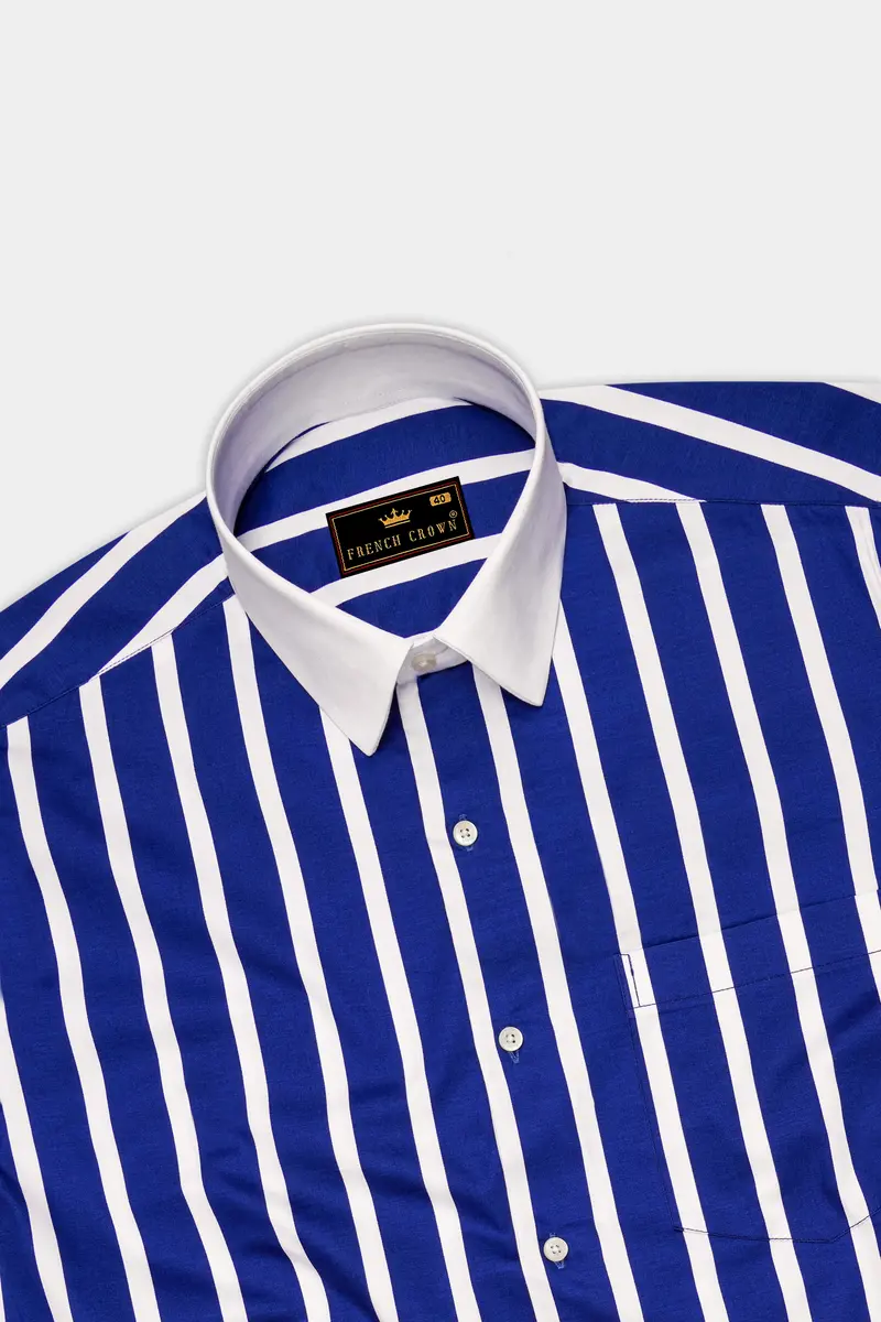 Marivon-Chambray Blue And Bright White Awning Striped Super Soft Premium Cotton Dress White Cuff Collar Shirt 5