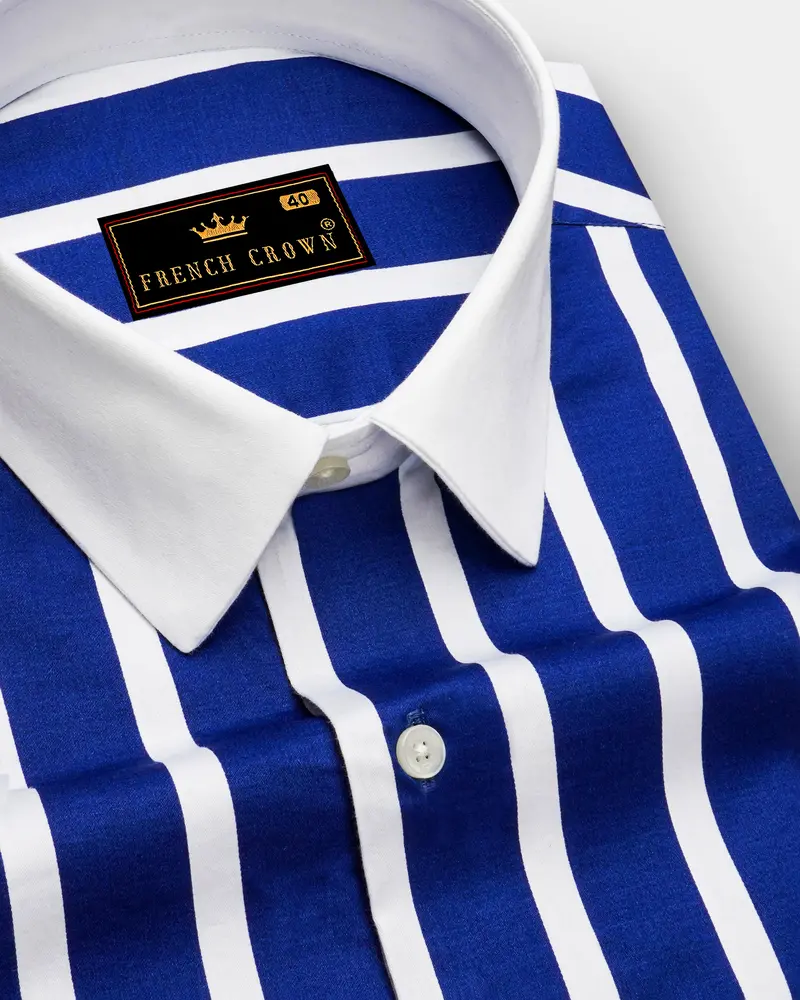 Marivon-Chambray Blue And Bright White Awning Striped Super Soft Premium Cotton Dress White Cuff Collar Shirt 6