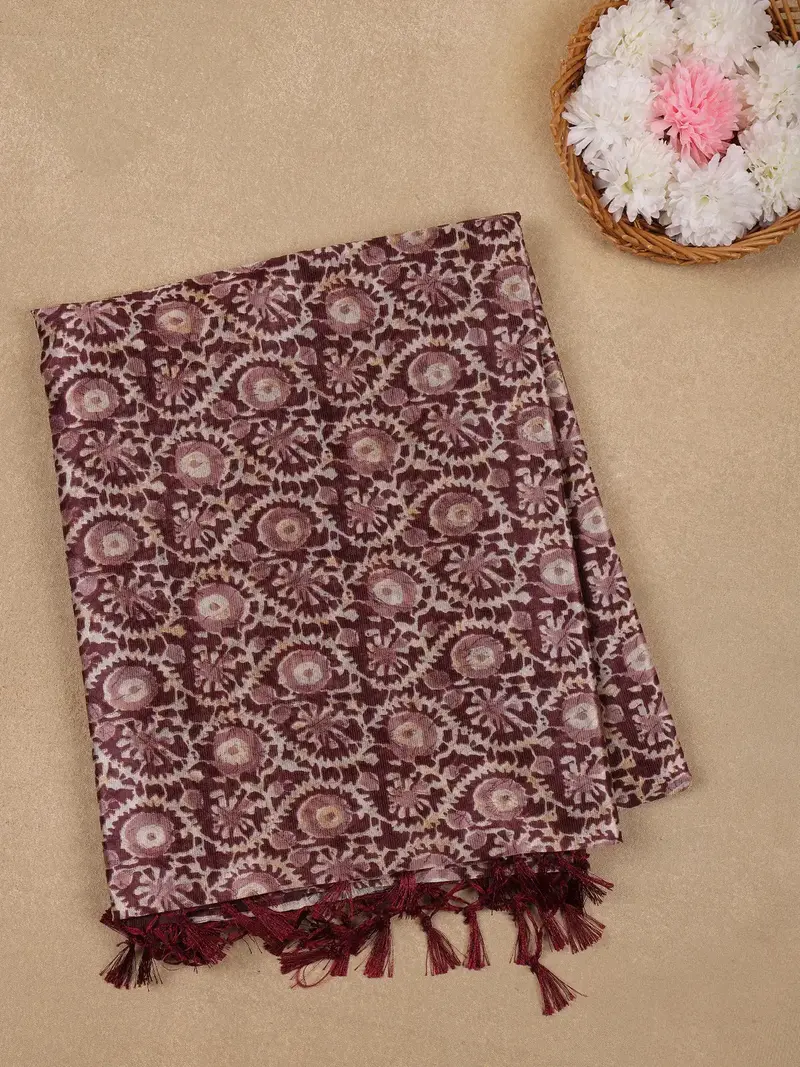Maroon Abstract Floral Design Semi Tussar Saree 1