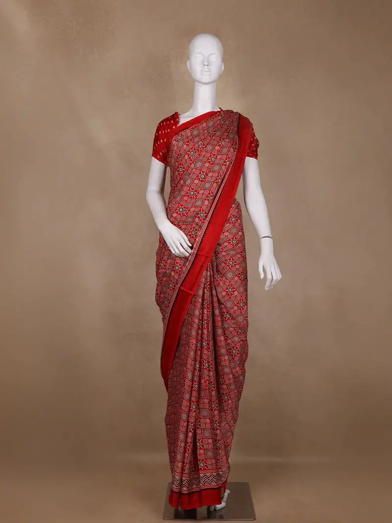 Maroon Ajrak Print Mul Mul Cotton Saree 1