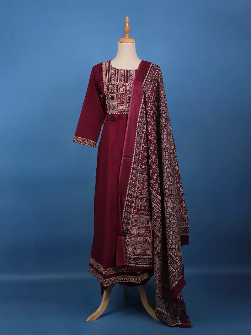 Maroon Ajrakh Design Printed Cotton Salwar Suit Set 1