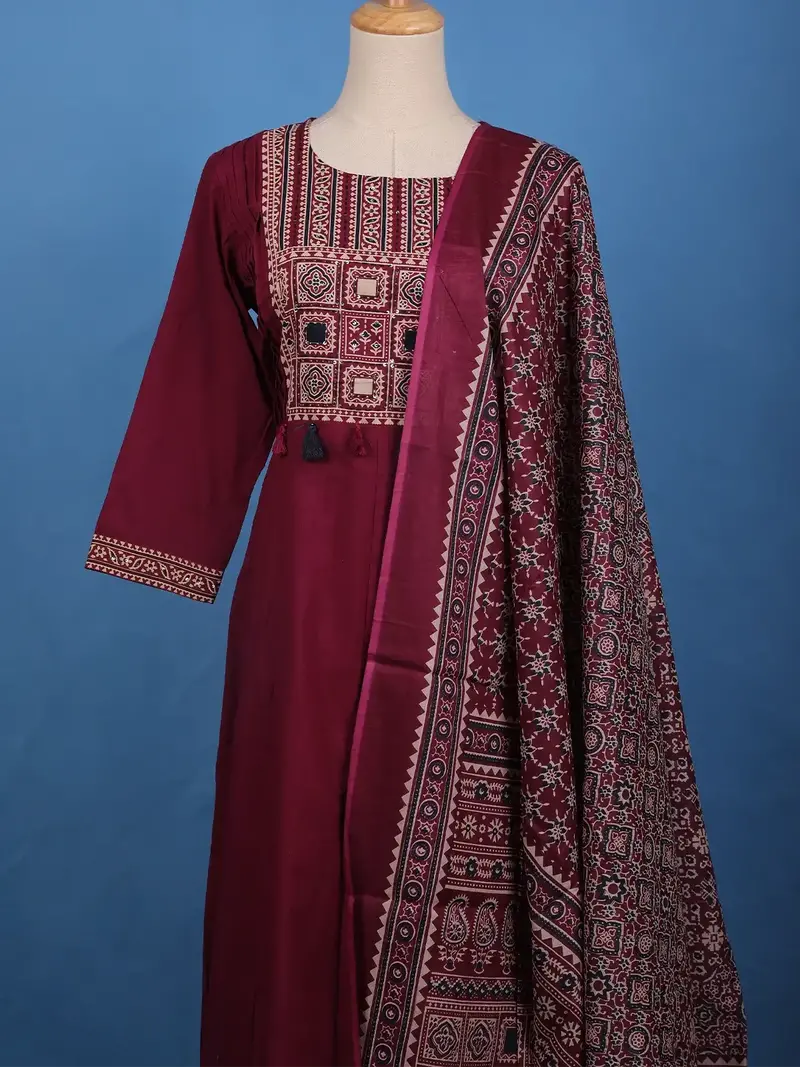 Maroon Ajrakh Design Printed Cotton Salwar Suit Set 2