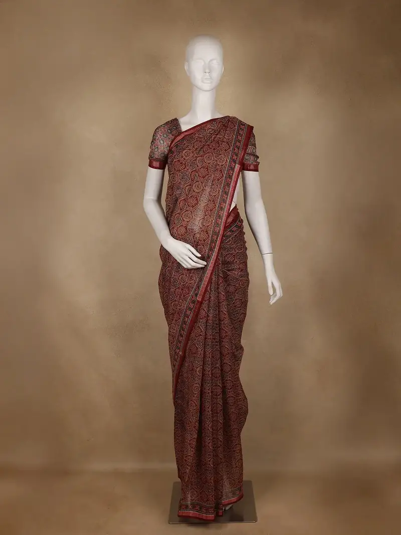 Maroon Ajrakh Floral And Geometric Printed Cotton Saree 1
