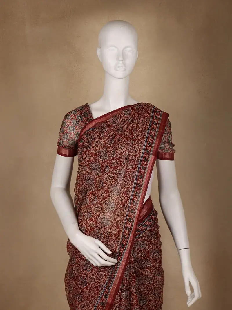 Maroon Ajrakh Floral And Geometric Printed Cotton Saree 2