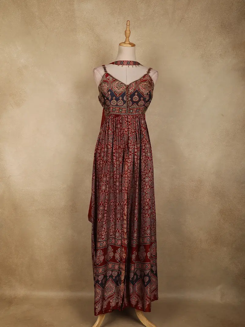 Maroon Ajrakh Printed Cotton Palazzo Suit With Dupatta 1