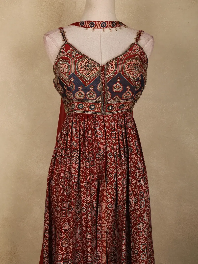 Maroon Ajrakh Printed Cotton Palazzo Suit With Dupatta 2