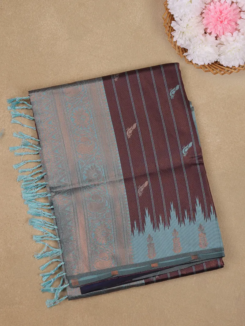 Maroon And Aqua Blue Stripes Woven Art Silk Saree With Paisley Zari Border 1