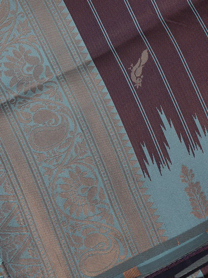 Maroon And Aqua Blue Stripes Woven Art Silk Saree With Paisley Zari Border 2
