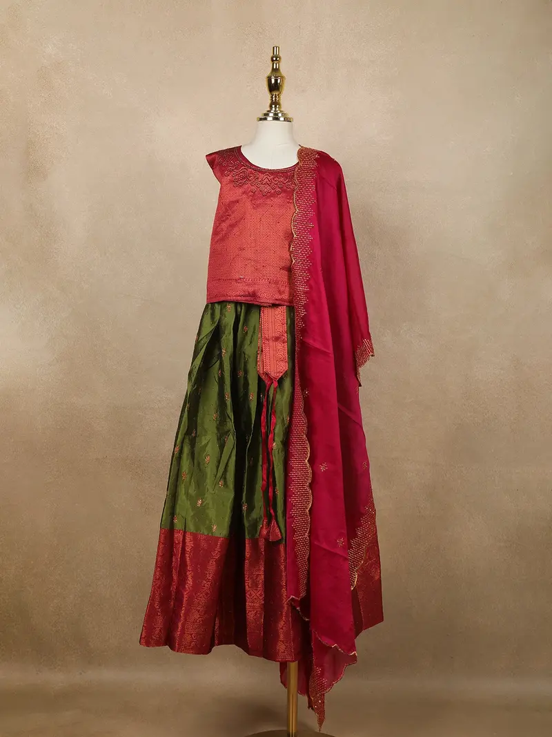 Maroon And Green Floral Zari Woven Raw Silk Pattu Pavadai With Dupatta 1