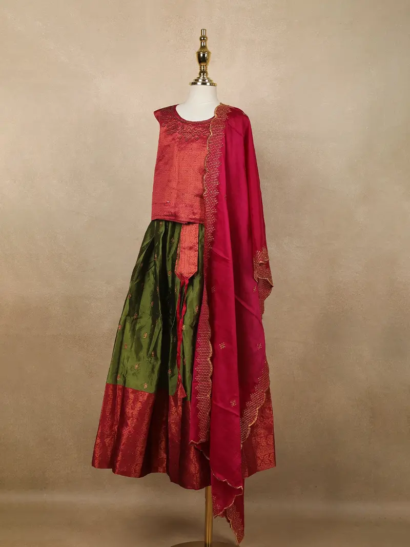 Maroon And Green Floral Zari Woven Raw Silk Pattu Pavadai With Dupatta 3