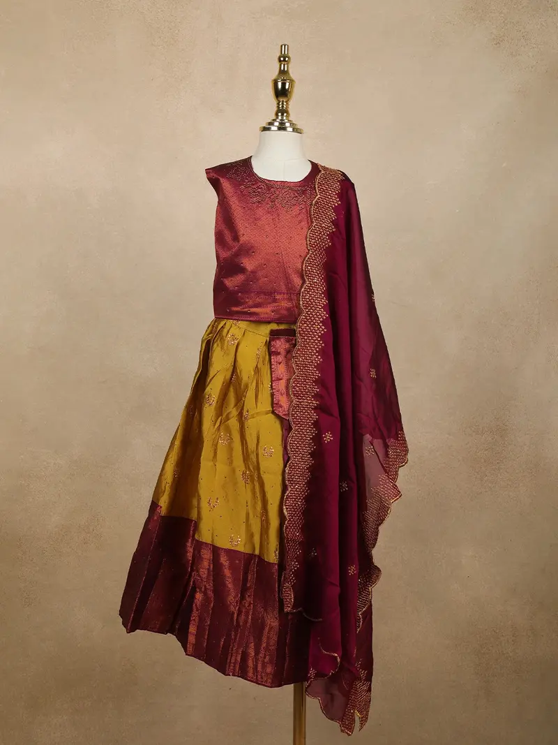 Maroon And Mustard Yellow Zari Woven Raw Silk Pattu Pavadai With Dupatta 1