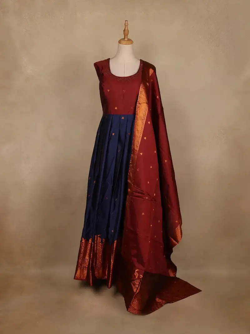 Maroon And Navy Blue Banarasi Silk Anarkali Gown With Dupatta 1